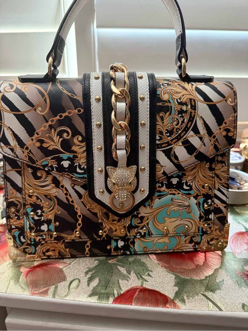 Women’s Patterned Top-Handle Bag in Black, White & Gold